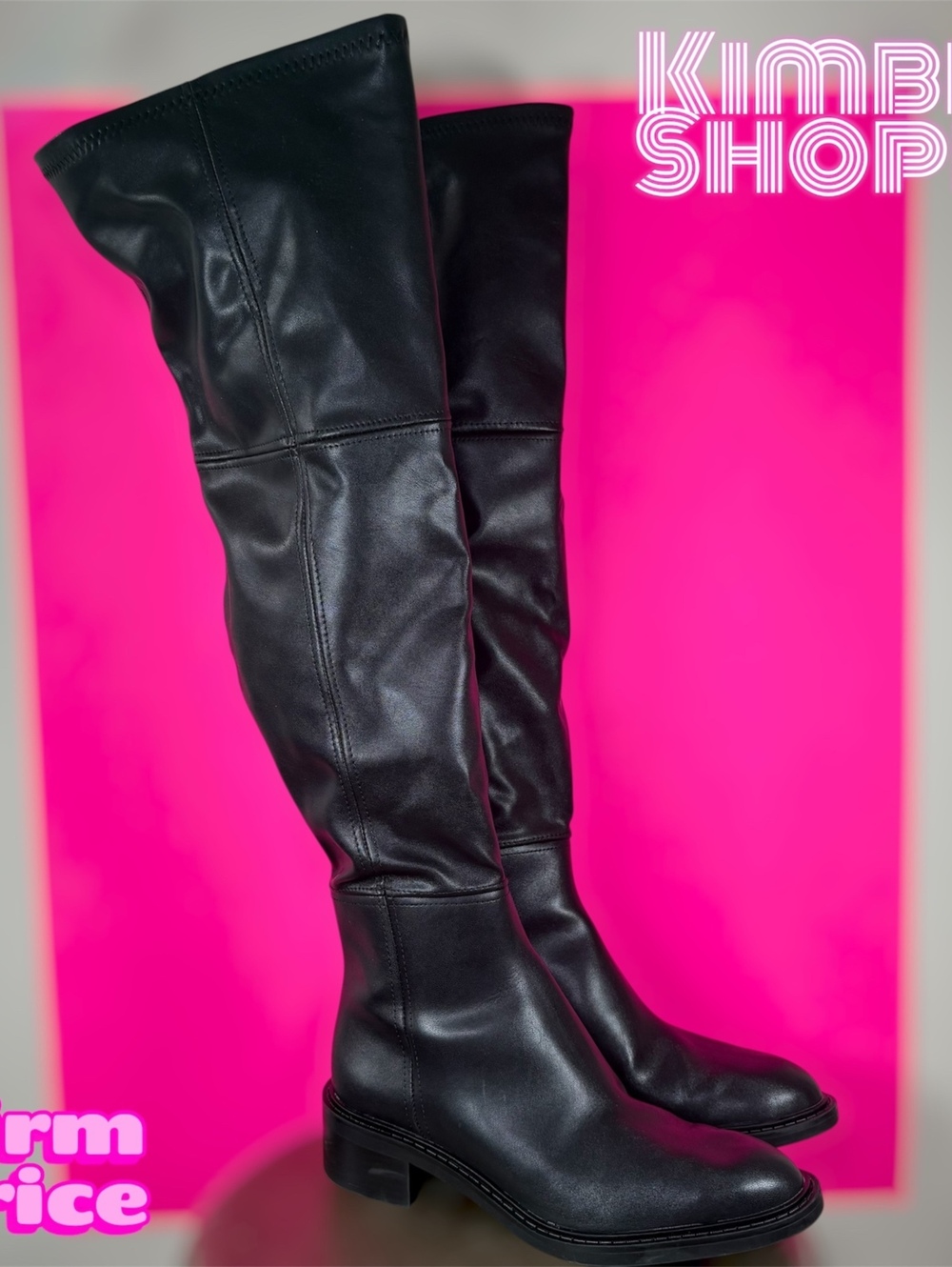 Zara Black Leather Low Block Heel Over the Knee Boot EU 36 US 6